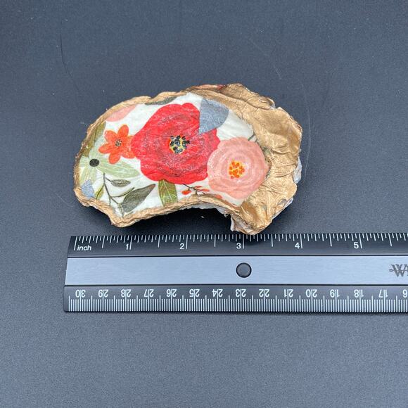 Gilded Decoupage Floral Decorative Oyster Shell Trinket Ring Dish - Picture 3 of 3